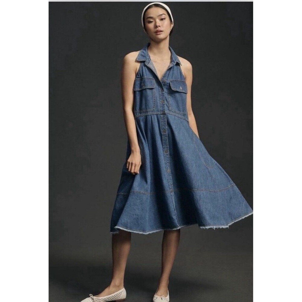 Anthropologie Pilcro Denim Halter Swing Midi Dress - Size L" - Picture 3 of 14